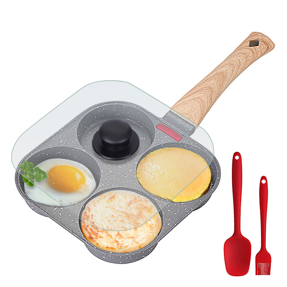 Mini Pancake Griddle - กระทะทอดไข่ 4 ช่องแบบไม่ติดกระทะ พร้อมฝาปิดแบบพลิกได้ ทำจากอะลูมิเนียม พร้อมตะหลิวและแปรง