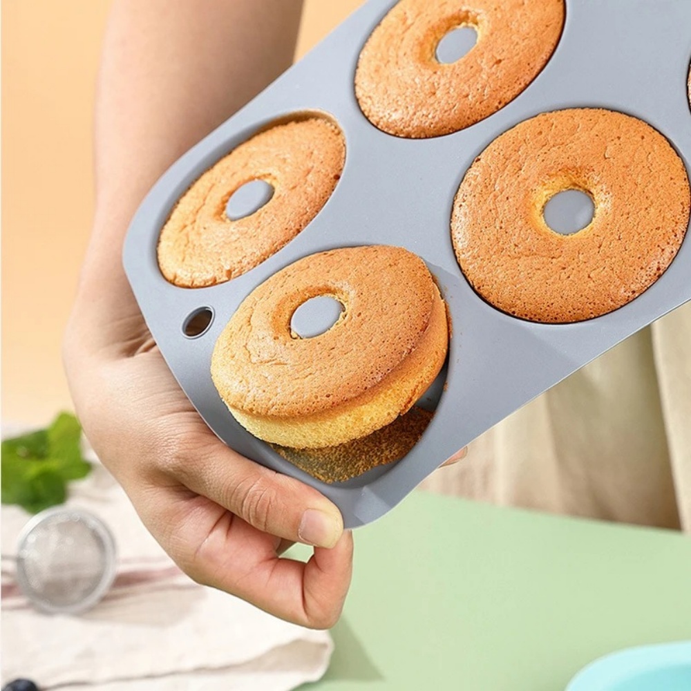 Donut Mold Silicone - แม่พิมพ์อบขนม 6 หลุม ซิลิโคนเกรดอาหาร ไม่ติดกระทะ สำหรับทำโดนัท